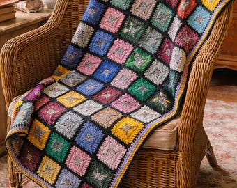 Vintage Crochet Granny Square Blanket 57x44, Handmade Afghan Throw, Multicolor Patchwork, Retro Boho Cottagecore Decor
