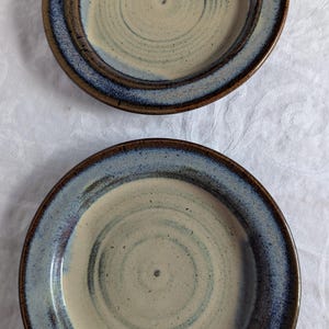 Vintage Sassi Stoneware Plates Set of 2 Handmade Studio Pottery Blue Brown Signed