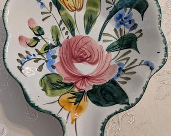 Vintage Italian Hand Painted Floral Dish Scalloped Trinket Spoon Rest Italy