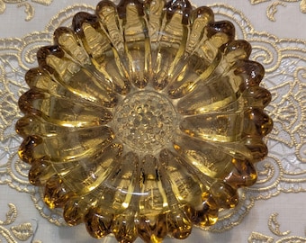 Vintage Amber Glass Bowl Daisy Pattern Small Trinket Dish Mid Century Decor