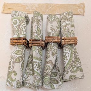 Vintage Bamboo Napkin Rings Set of 4 with Green Paisley Cloth Napkins & Button Napkin Wrap | Boho Coastal Tropical Table Decor | Wicker Ratt