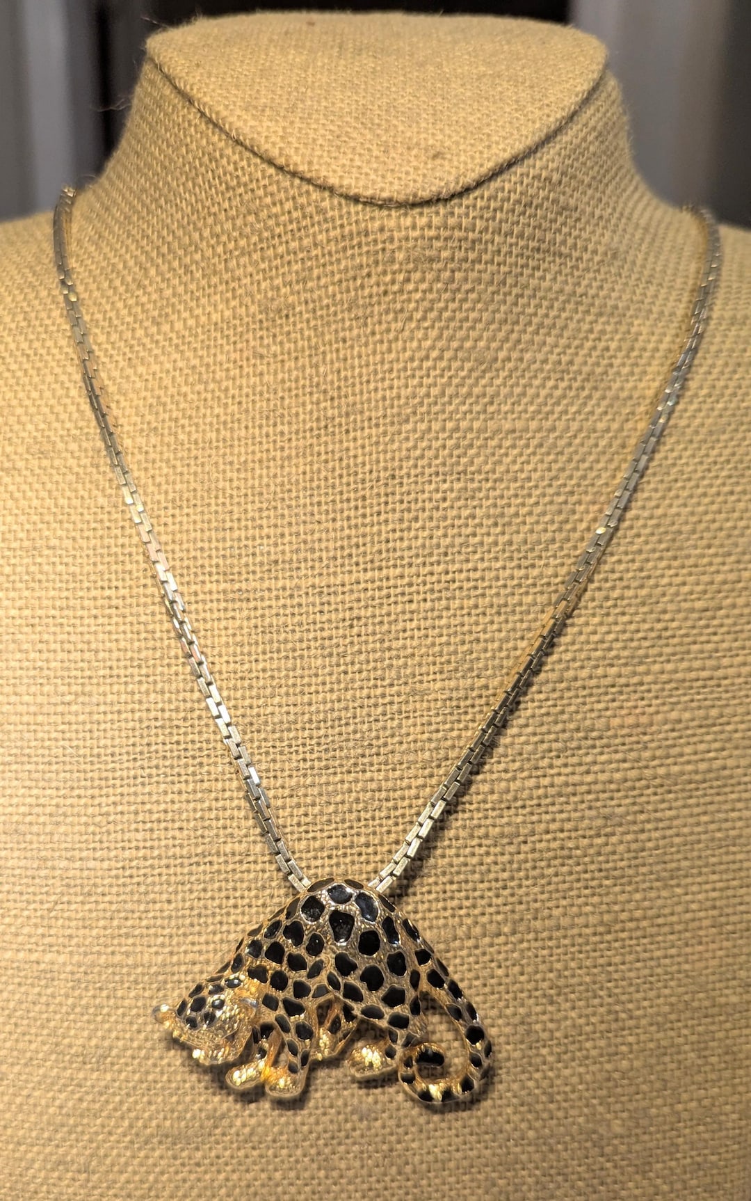 Vintage Park Lane Leopard Pendant Necklace With Monet Chain, Black