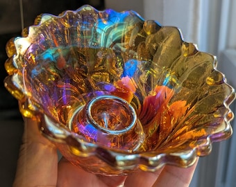 Vintage Indiana Glass Iridescent Carnival Glass Candle Holders Pair | Marigold Amber Luster Glass | Scalloped Floral Votive Holders