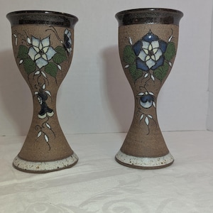 Handmade Floral Pottery Goblets Pair Earth Tone Ceramic Wine Cups Cottagecore