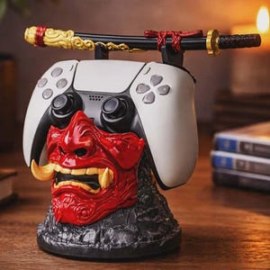 May include: A white and black gaming controller rests on a red and black Oni mask base, with a decorative katana sword on top. The controller stand is designed to hold a gaming controller.