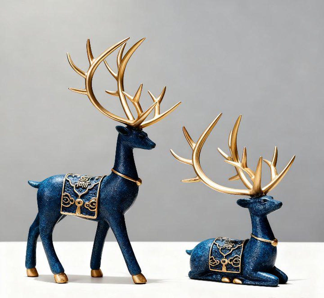 Resin Deer Figurine Set – 2pcs Elk & Reindeer Statue, Christmas Deer ...