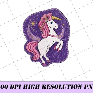 May include: A white unicorn patch with a pink mane and tail, a gold horn, and a pink bow on its head. The unicorn is set against a dark purple background featuring a crescent moon and yellow stars, with a stitched border around the entire shape.