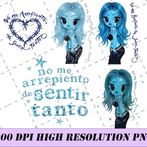 May include: A digital graphic set featuring three blue-toned anime-style characters with long hair, black tops, and dark pants. The design includes a barbed wire heart and the text No me arrepiento de sentir tanto in various blue glittery fonts.
