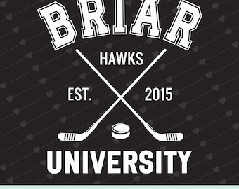 May include: A black and white graphic design with the text "BRIAR UNIVERSITY HAWKS", crossed hockey sticks, and a puck. The words "EST. 2015" are also included. The design is a digital download.