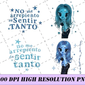 May include: Digital graphic design featuring two blue-toned anime-style characters with long hair and dark clothing, accompanied by the Spanish text NO me arrepiento de Sentir TANTO and no me arrepiento de sentir tanto, decorated with blue stars.