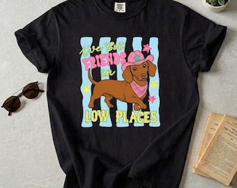 May include: A black t-shirt featuring a graphic of a brown dachshund wearing a pink cowboy hat and bandana. The text reads I've Got Friends in Low Places. The design includes light blue vertical stripes and small pink and yellow stars.