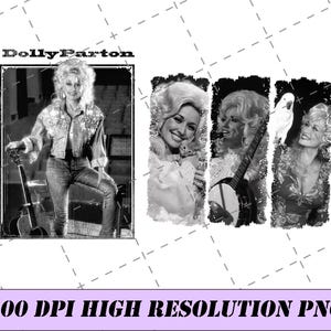 May include: A black and white digital graphic file featuring the text Dolly Parton. The image displays four distinct portraits of the singer, including one full-body shot with a guitar and three close-up panels showing a kitten, a banjo, and a bird.