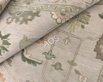 Alfombra Oushak anudada a mano, alfombra turca de lana verde salvia, alfombra de salón a cuadros.