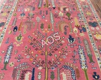 Alfombra rosa de lana anudada a mano Oushak: estilo turco antiguo.