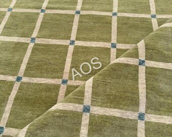 Alfombra Oushak anudada a mano de 9x12 pies en color verde salvia, alfombra turca moderna para sala de estar, alfombra de lana a cuadros en tonos verde y crema, alfombra grande hecha a medida.