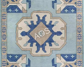 Alfombra de lana Oushak anudada a mano: Alfombra bohemia floral azul pastel para sala de estar.