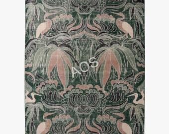 Alfombra Oushak de lana verde anudada a mano de 8x10 pies: estilo Arts & Crafts de William Morris