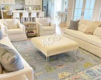 Hand-Knotted Oushak Wool Rug: Pastel Blue Floral Bohemian Living Room Runner