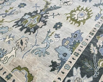 Alfombra Oushak de lana anudada a mano de 8x10: Artesano indio, tintes naturales, gris beige y negro.