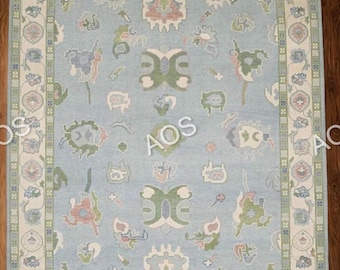 8x10  Hand-Knotted Wool Oushak Rug: Indian Artisan, Natural Dyes, blue  beige  and green