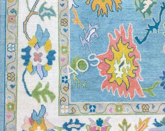 Alfombra Oushak de lana anudada a mano color turquesa / Alfombra de área de diseño turco en tonos pastel de 9x12