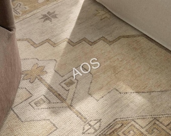 Alfombra Oushak amarilla anudada a mano de 9x12 pies, alfombra turca moderna para sala de estar, alfombra de lana a cuadros verde y crema apagados, alfombra grande hecha a medida.