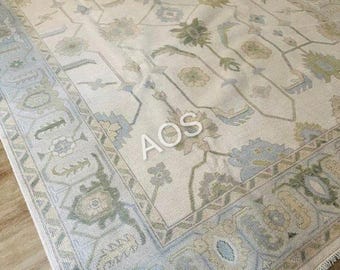 Alfombra Oushak anudada a mano 9x12: Alfombra turca de lana color crema para salas de estar 8x10