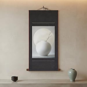 Korean Moon Jar Silk Scroll, Minimalist White Porcelain Wall Art, Large Zen Hanging Canvas, Vintage Asian Painting, Housewarming Feng Shui