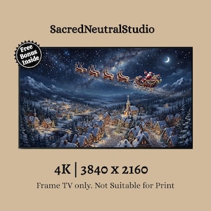 Flying Santa Frame TV Art, Magical Christmas Sleigh Wall Decor, Mac Wallpaper, Reindeer Sky Winter Painting, Holiday Desktop Screensaver