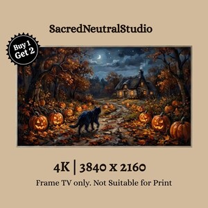 Cadre photo TV Chat noir d'Halloween, Fond d'écran TV Champ de citrouilles, Décoration TV Chalet hanté la nuit, Peinture à l'huile d'automne au clair de lune 16:9, Numérique 4K