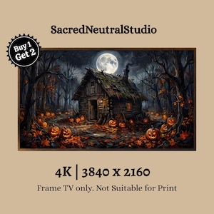 Spooky Pumpkin Patch Frame TV Art, Witch Cabin Halloween TV Wallpaper, Haunted Cabin Night Screensaver, Dark Autumn Display Download 16:9