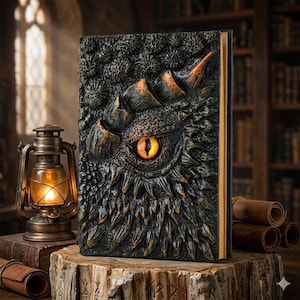 Op de afbeelding: Een fantasieboek met een drakenoogontwerp op de omslag. De omslag is zwart met gouden en oranje accenten en het oog gloeit met een oranje licht. Het boek wordt gepresenteerd op een houten oppervlak met een vintage lantaarn.