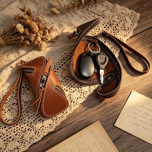 May include: Two brown leather key cases with zips and wrist straps. One case is open, revealing car keys. The other case is closed. Both cases are on a lace cloth on a wooden surface.