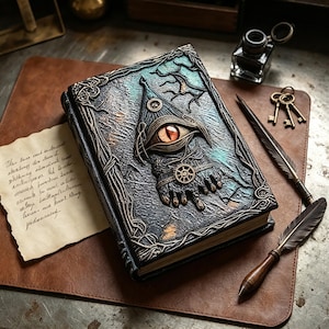3D leren dagboek met Cthulhu-oog, gotisch notitieboek voor D&D, occult schrijven grimoire