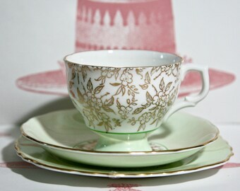 Vintage Soft Mint Green and Gilt Teacup, Saucer and Cake Plate