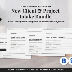Può includere: Un pacchetto digitale di modelli di gestione progetti con il testo New Client & Project Intake Bundle, Google & Microsoft Compatible, Work Intake Form, Client Onboarding, Stakeholder Intake e Client Handoff Checklist.