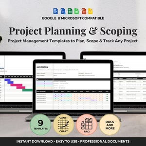 Könnte beinhalten: Drei Laptops zeigen Projektmanagement-Vorlagen mit dem Text Project Planning & Scoping, Google & Microsoft Compatible und RACI Matrix. Vier kreisförmige Symbole unten zeigen 9 Templates, Gantt Chart, RACI und Docs and More.