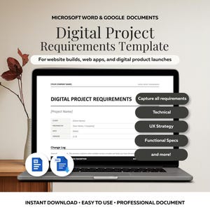 以下が含まれることがあります： Microsoft WordおよびGoogle Docs用のデジタルプロジェクト要件テンプレートがノートパソコンの画面に表示されています。ドキュメントには会社名、プロジェクト名、クライアント、バージョンのフィールドが含まれています。ダークボタンには技術、UX戦略、機能仕様が記載されています。