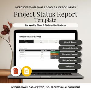Könnte beinhalten: Eine digitale Projektstatusbericht-Vorlage für Microsoft PowerPoint und Google Slides auf einem Laptop-Bildschirm. Das Dokument enthält eine Zeitleiste, Meilensteine und Abschnitte mit den Bezeichnungen Overall Status, Accomplishments, Decisions Needed und Budget Summary.