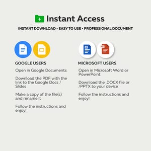 Może przedstawiać: Grafika informacyjna z napisem "Natychmiastowy dostęp" i instrukcjami dla użytkownik&oacute;w Google i Microsoft. Obraz zawiera ikony dla Dokument&oacute;w Google, Prezentacji, Worda i PowerPointa, z krokami pobierania i używania plik&oacute;w.
