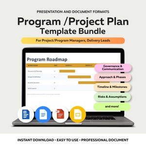 Może przedstawiać: Laptop wyświetla pakiet szablon&oacute;w mapy drogowej programu. Ekran pokazuje oś czasu projektu z sekcjami dla Odkrywania i Planowania, Projektowania i Definicji, Budowy i Wykonania oraz QA i Uruchomienia. Obraz zawiera tekst "Program / Project Plan Template Bundle."