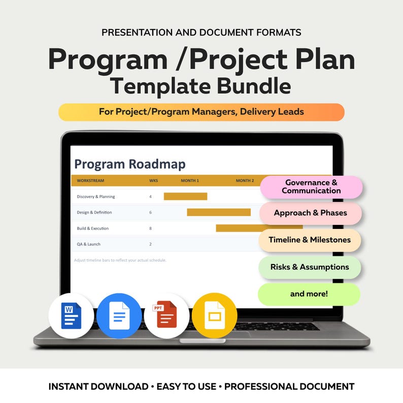 Może przedstawiać: Laptop wyświetla pakiet szablon&oacute;w mapy drogowej programu. Ekran pokazuje oś czasu projektu z sekcjami dla Odkrywania i Planowania, Projektowania i Definicji, Budowy i Wykonania oraz QA i Uruchomienia. Obraz zawiera tekst "Program / Project Plan Template Bundle."