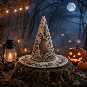 May include: A conical hat featuring an embroidered brown rabbit surrounded by blackberry vines and small stars on a cream-colored fabric base. The wide brim is decorated with a matching botanical pattern of leaves and dark berries in green and purple.