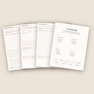 May include: Four open, white paper pages with text, including a "Co-Parenting Communication Log" and "Pattern & Escalation Tracker." The pages are arranged in a slight fan shape, with a neutral background.