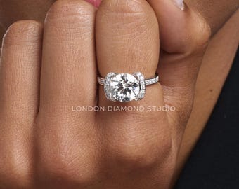 Round Brilliant Cut Diamond Engagement Ring, Cathedral Pave, White Gold Bridal Proposal Ring