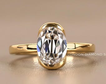 Oval Cut Lab-Grown Diamond Bezel Ring, Modern Thin Gold Band