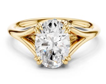 Oval Lab Grown Diamond Engagement Ring, Split Shank Cathedral Setting, 10K-18K Gold