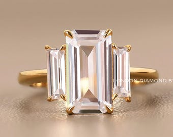 Emerald Cut Three Stone Diamond Ring, Art Deco Baguette Accent, Solid Gold Engagement Promise
