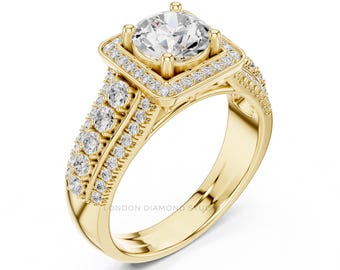 Square Halo Lab Diamond Engagement Ring, 14K Gold Split Shank Wedding Band