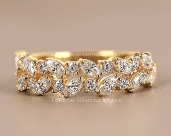 Marquise Round Lab-Grown Diamond Eternity Ring, Leaf Style Wedding Band